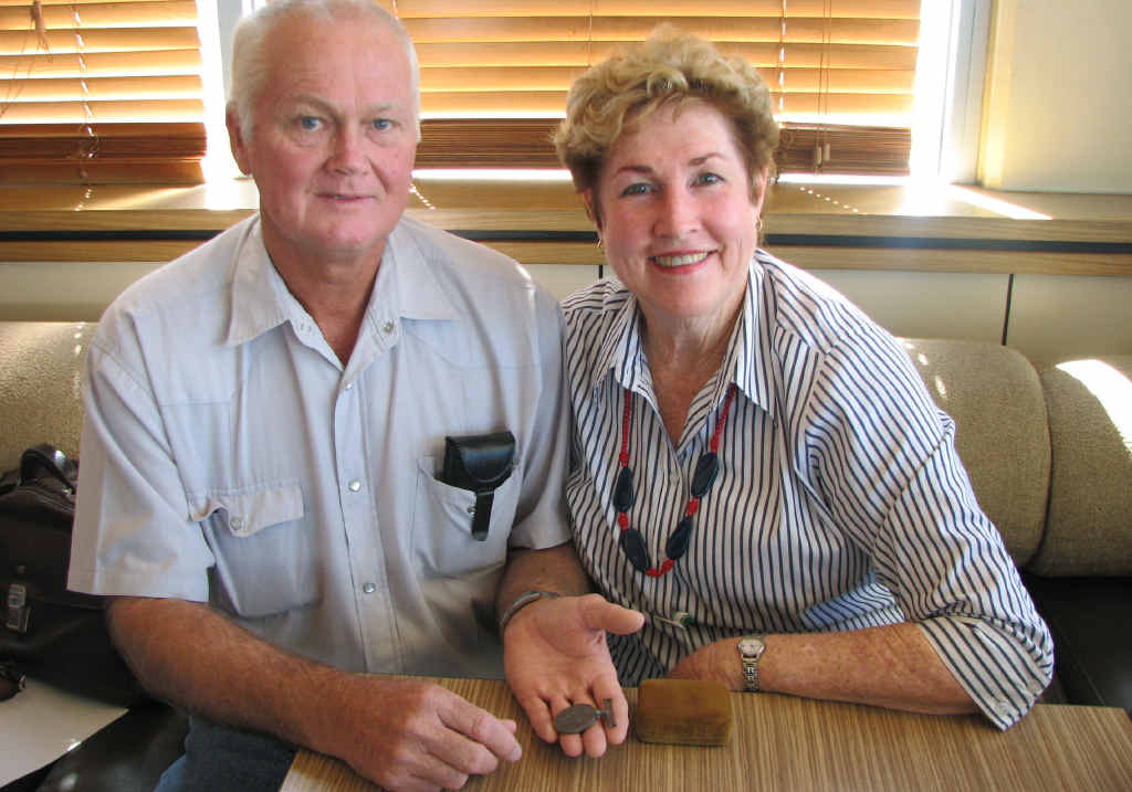 EMOTIONAL MOMENT: Aubrey Carter and Livingstone Councillor Glenda Mather examine the First World War medal awarded to Mr Carter’s grandfather, Private Aubrey William Carter. EMOTIONAL MOMENT: Aubrey Carter and Livingstone Councillor Glenda Mather examine the First World War medal awarded to Mr Carter’s grandfather, Private Aubrey William Carter.