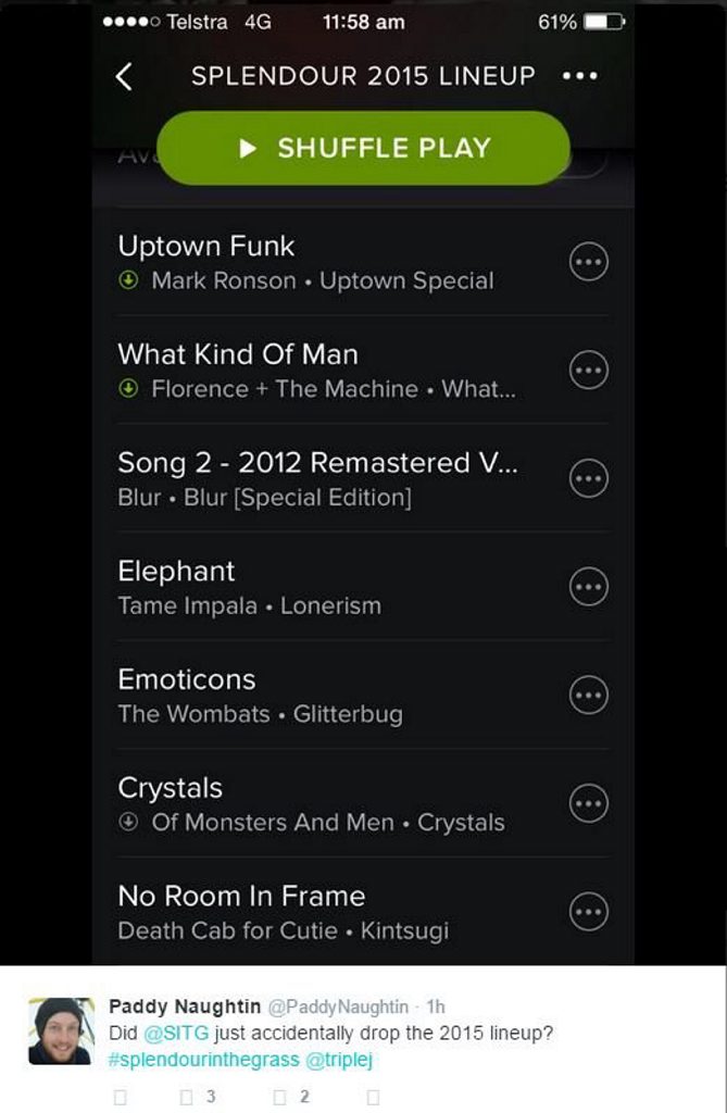 This Twitter post shows part of the alleged Splendour 'lineup' playlist. Photo Contributed This Twitter post shows part of the alleged Splendour 'lineup' playlist. Photo Contributed