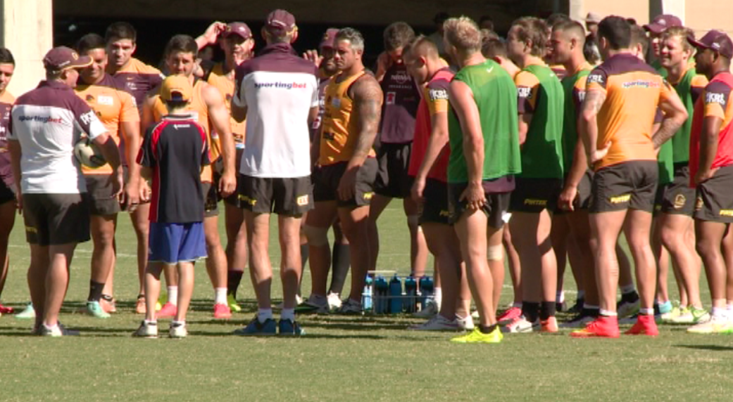 Broncos coach Wayne Bennett speaks with players at a training session yesterday. Broncos coach Wayne Bennett speaks with players at a training session yesterday.