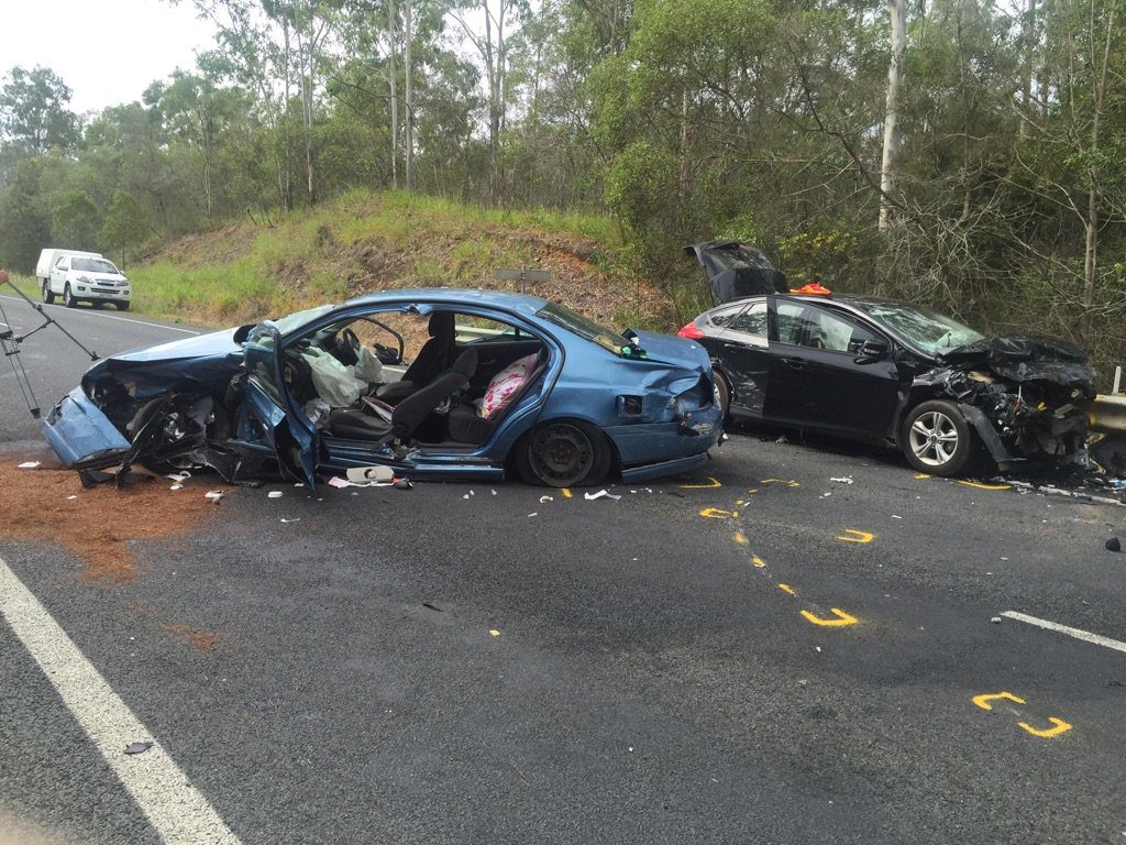 Two of the cars at the scene of a four-vehicle crash on the Bruce Hwy south of Tiaro. Two of the cars at the scene of a four-vehicle crash on the Bruce Hwy south of Tiaro.