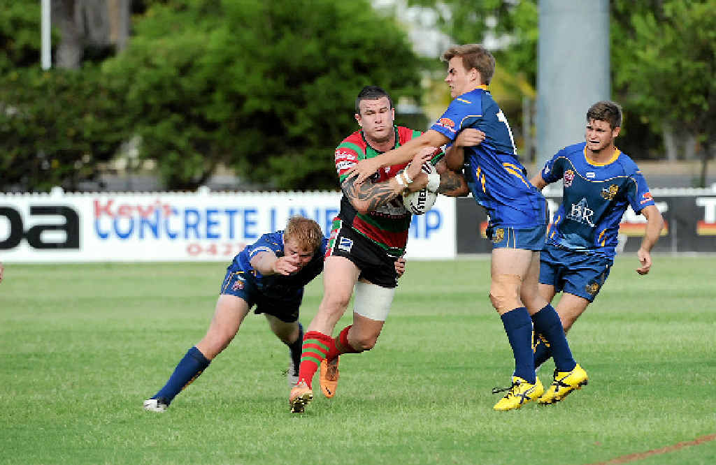 TUSSLE: Across the Waves’ Bailey Brown confronts Hervey Bay’s Tye Ingebrietsen at Salter Oval on March 28. TUSSLE: Across the Waves’ Bailey Brown confronts Hervey Bay’s Tye Ingebrietsen at Salter Oval on March 28.