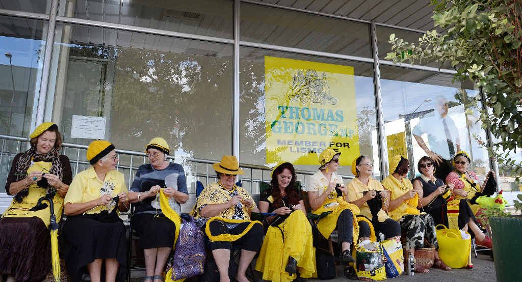 STAYING PUT: The Knitting Nannas in front of Thomas George office in Lismore have been asked to move by the police. STAYING PUT: The Knitting Nannas in front of Thomas George office in Lismore have been asked to move by the police.