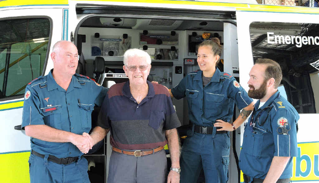 THANKFUL: Raymond Jackson met with the paramedics he credits with saving his life, Ross Kerswell, Cynthia Bein and Adam Gett. THANKFUL: Raymond Jackson met with the paramedics he credits with saving his life, Ross Kerswell, Cynthia Bein and Adam Gett.