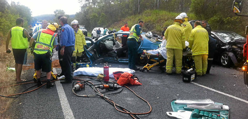 CRITICAL: A woman was flown to Brisbane in a critical condition after this four-car crash north of Gympie. CRITICAL: A woman was flown to Brisbane in a critical condition after this four-car crash north of Gympie.