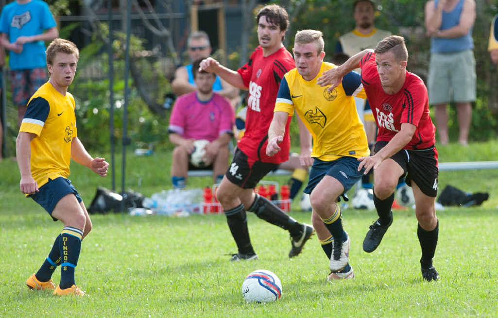 IN STEP: Coffs United’s Aaren Alsop keeps the ball close as Orara’s Josh Chapman closes in.Gemima Harvey IN STEP: Coffs United’s Aaren Alsop keeps the ball close as Orara’s Josh Chapman closes in.Gemima Harvey