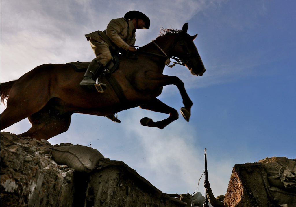 Midnight jumps the Ottoman trench in a dramatic recreation from the TV documentary Australia's Great War Horse. Midnight jumps the Ottoman trench in a dramatic recreation from the TV documentary Australia's Great War Horse.