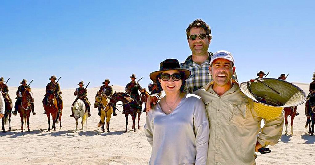 Producer Marian Bartsch, director Russell Vines and special effects supervisor Bruce Flint pictured on the set of Australia's Great War Horse, filming a charge scene at Lancelin Sand Dunes in WA. Producer Marian Bartsch, director Russell Vines and special effects supervisor Bruce Flint pictured on the set of Australia's Great War Horse, filming a charge scene at Lancelin Sand Dunes in WA.