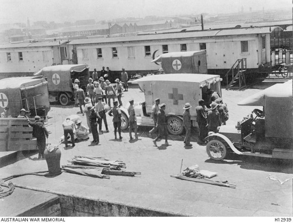 Army patients from Gallipoli being transferred from hospital ship Gascon to a hospital train in Alexandria, Egypt, for movement to Cairo in 1915. Army patients from Gallipoli being transferred from hospital ship Gascon to a hospital train in Alexandria, Egypt, for movement to Cairo in 1915.