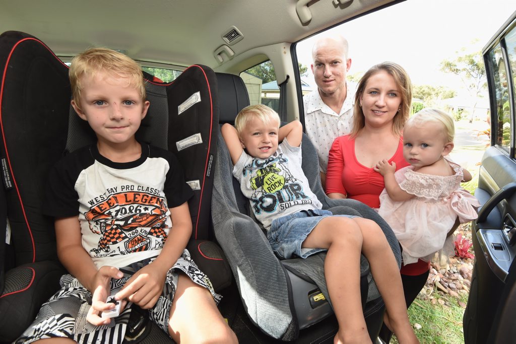 Wondunna's Teleese and Shane Penna, with children Flynn, 5, Kyron, 3, and Azaylah, 15 months, are working on a device that will protect children from possible death in a hot car. Wondunna's Teleese and Shane Penna, with children Flynn, 5, Kyron, 3, and Azaylah, 15 months, are working on a device that will protect children from possible death in a hot car.