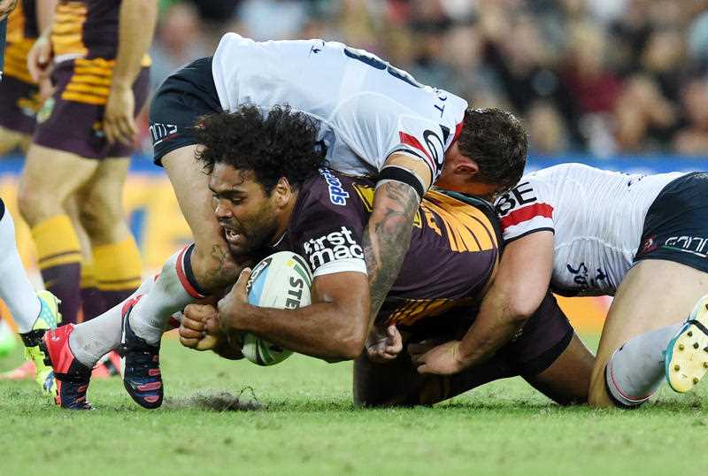 Sam Thaiday of the Brisbane Broncos is tackled to the ground during their Round 6 game against the Sydney Roosters at Suncorp Stadium in Brisbane, Friday, April 10, 2015. Sam Thaiday of the Brisbane Broncos is tackled to the ground during their Round 6 game against the Sydney Roosters at Suncorp Stadium in Brisbane, Friday, April 10, 2015.