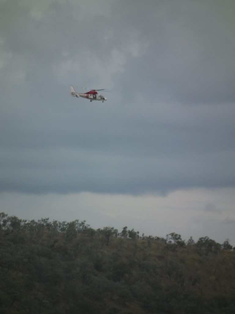 One of two helicopters seen in the Coalstoun Lakes area this afternoon searching for the missing plane. One of two helicopters seen in the Coalstoun Lakes area this afternoon searching for the missing plane.