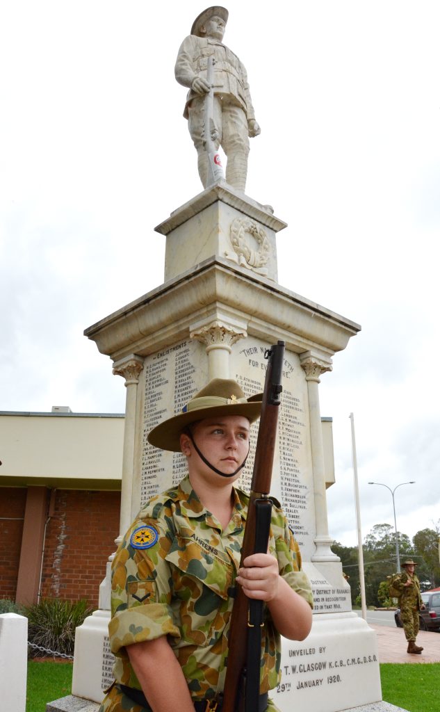 LEST WE FORGET: L Cpl Julie Ahrens at the Nanango War Memorial where the statue is finally being restored. LEST WE FORGET: L Cpl Julie Ahrens at the Nanango War Memorial where the statue is finally being restored.