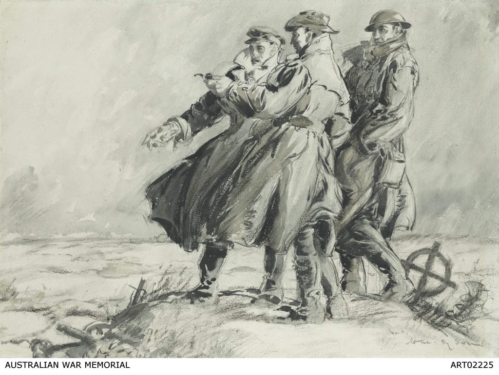 A meeting of minds ... 'Going Over the Old Ground with B...' by Will Dyson in charcoal, brush and ink, depicting war historian Charles Bean at centre with an officer and soldier in France, 1917. Courtesy of Australian War Memorial ART02225 A meeting of minds ... 'Going Over the Old Ground with B...' by Will Dyson in charcoal, brush and ink, depicting war historian Charles Bean at centre with an officer and soldier in France, 1917. Courtesy of Australian War Memorial ART02225