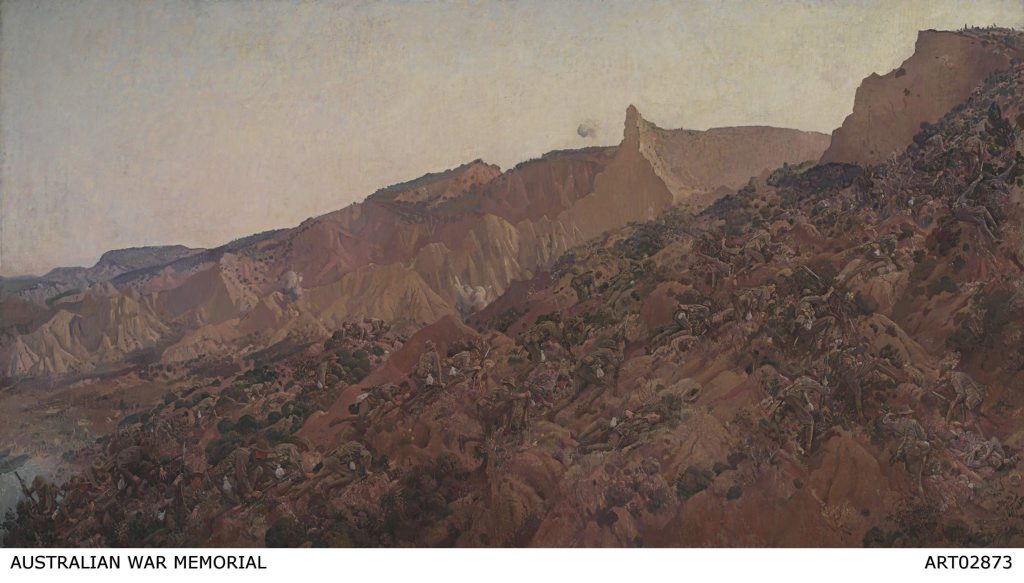 'Anzac, The Landing 1915' , the famous oil on canvas by George Lambert, depicting Australian troops climbing the steep ridges and hillsides of the Gallipoli Peninsula up to Plugge's Plateau, The Sphinx, Walker's Ridge and Baby 700 on April 25, 1915. Courtesy of Australian War Memorial ART02873 'Anzac, The Landing 1915' , the famous oil on canvas by George Lambert, depicting Australian troops climbing the steep ridges and hillsides of the Gallipoli Peninsula up to Plugge's Plateau, The Sphinx, Walker's Ridge and Baby 700 on April 25, 1915. Courtesy of Australian War Memorial ART02873