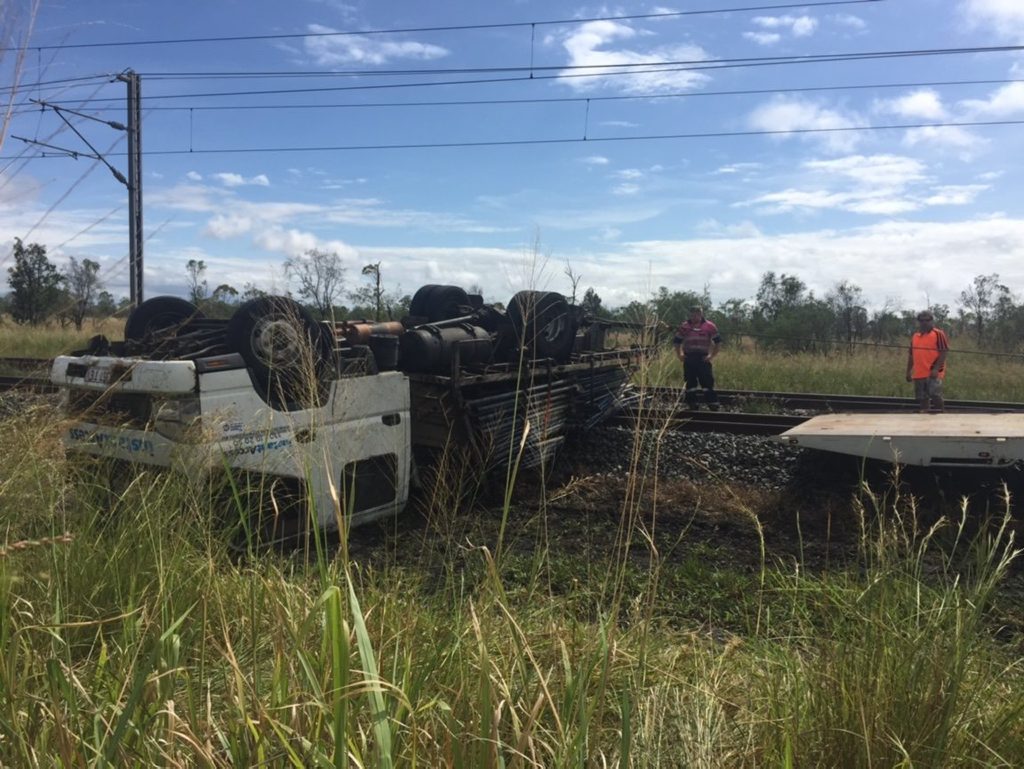 A truck has rolled over onto a train track between Marmour and Raglan. Photo Campbell Gellie A truck has rolled over onto a train track between Marmour and Raglan. Photo Campbell Gellie