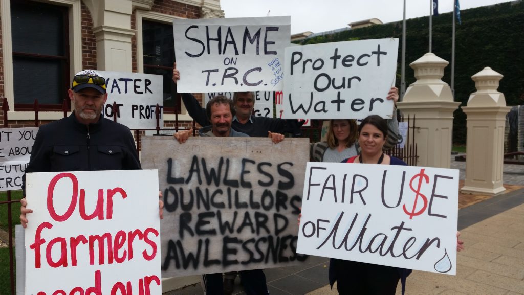 Ian Angow, Rob Cole, Paul King, Elizabeth Ure and Fiona Gray protest outside City Hall ahead of Toowoomba Regional Council's decision on a water bore at Ravensbourne. Ian Angow, Rob Cole, Paul King, Elizabeth Ure and Fiona Gray protest outside City Hall ahead of Toowoomba Regional Council's decision on a water bore at Ravensbourne.