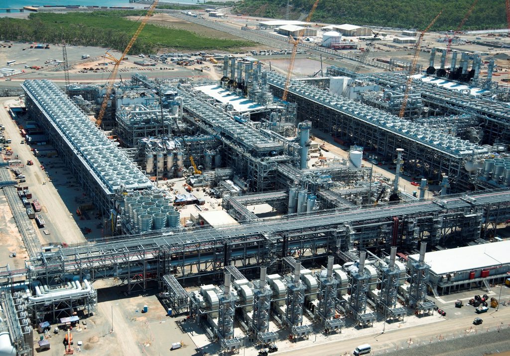 POWERED UP: The seven gas turbine generators pictured in the foreground of photo, on APLNG. POWERED UP: The seven gas turbine generators pictured in the foreground of photo, on APLNG.