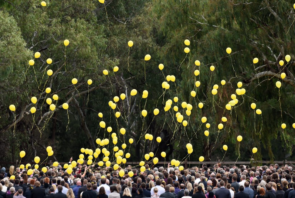 Mourners release balloons during the funeral for murdered Leeton school teacher Stephanie Scott in Eugowra, NSW, Wednesday, April 22, 2015. The 26-year-old was allegedly murdered on Easter Sunday by a cleaner at Leeton High School where she taught English and Drama. (AAP Image/Mick Tsikas) Mourners release balloons during the funeral for murdered Leeton school teacher Stephanie Scott in Eugowra, NSW, Wednesday, April 22, 2015. The 26-year-old was allegedly murdered on Easter Sunday by a cleaner at Leeton High School where she taught English and Drama. (AAP Image/Mick Tsikas)
