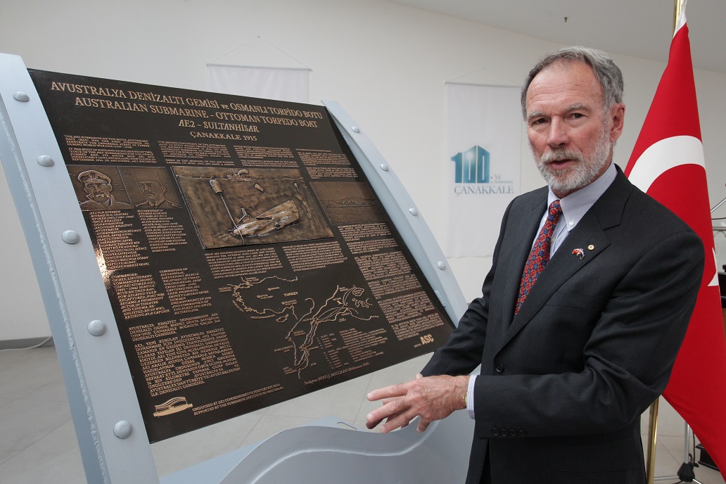 AE2 Commemorative Foundation chairman Peter Briggs unveils a plaque dedicated to the Australian First World War submariners at the Kabatepe Gallipoli Simulation Centre. AE2 Commemorative Foundation chairman Peter Briggs unveils a plaque dedicated to the Australian First World War submariners at the Kabatepe Gallipoli Simulation Centre.