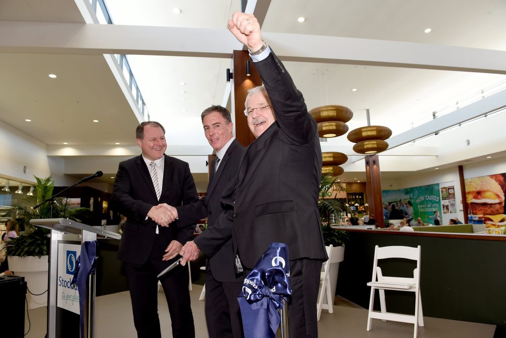 The official opening of Stockland Shopping Centre, Hervey Bay. CEO Mark Steinert, Mayor Gerard O'Connell and Stockland commercial property CEO John Schroder cut the ribbon. The official opening of Stockland Shopping Centre, Hervey Bay. CEO Mark Steinert, Mayor Gerard O'Connell and Stockland commercial property CEO John Schroder cut the ribbon.