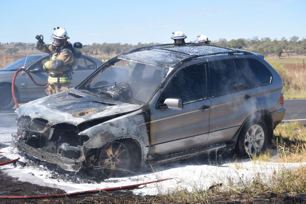 CLOSE CALL: A mother and her child escaped a burning car near Dalby this morning. CLOSE CALL: A mother and her child escaped a burning car near Dalby this morning.