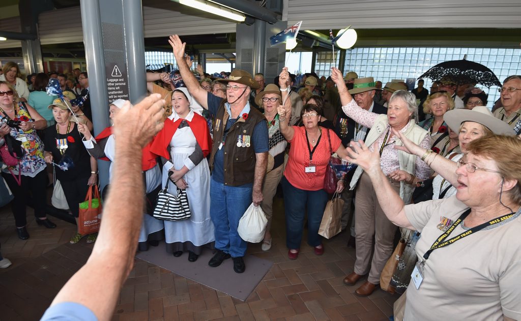 Troop train arrives at Roma St. Station amidst cheers and singing after travelling from Winton on Monday. Photo: Alistair Brightman / Fraser Coast Chronicle Troop train arrives at Roma St. Station amidst cheers and singing after travelling from Winton on Monday. Photo: Alistair Brightman / Fraser Coast Chronicle