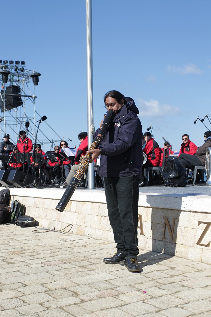 Mt Isa didgeridoo player William Barton rehearses for his dawn service performance at Anzac Cove. Mt Isa didgeridoo player William Barton rehearses for his dawn service performance at Anzac Cove.