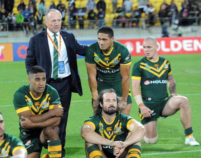 Australia coach Tim Sheens with his players after their defeat to New Zealand in the Rugby League Four Nations Final, Westpac Stadium, Wellington, New Zealand, Saturday, November 15, 2014. Australia coach Tim Sheens with his players after their defeat to New Zealand in the Rugby League Four Nations Final, Westpac Stadium, Wellington, New Zealand, Saturday, November 15, 2014.