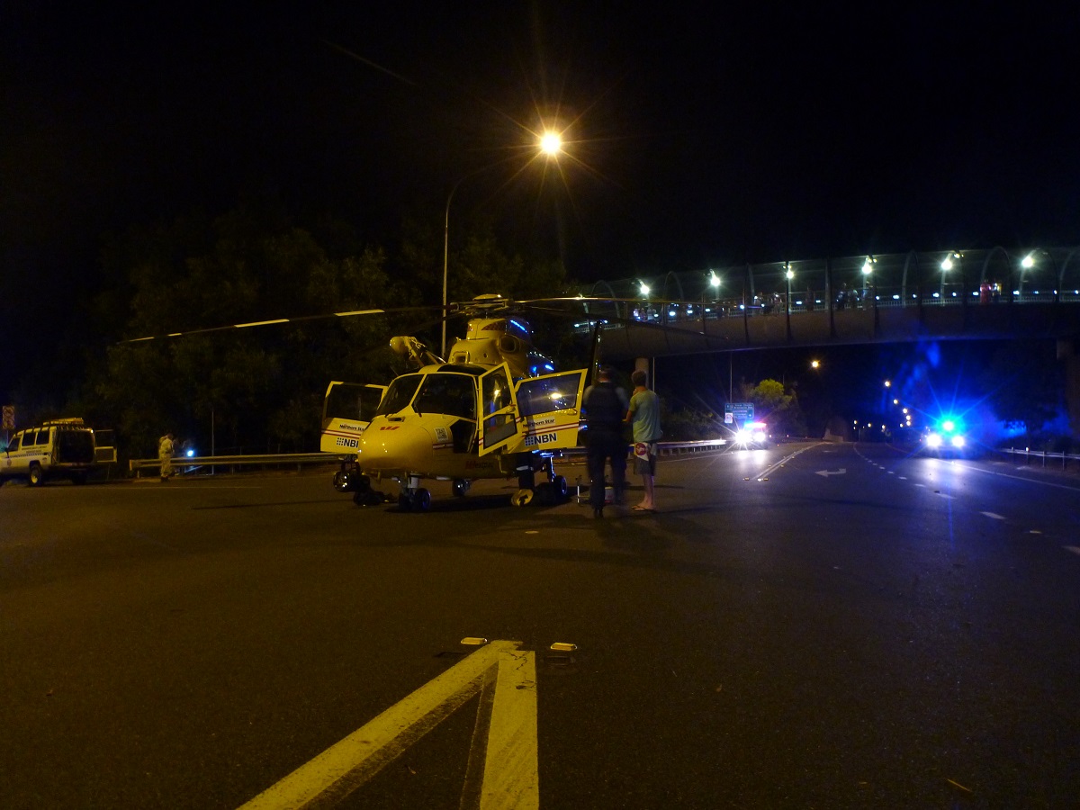An image supplied by the Westpac Life Saver Rescue Helicopter at the Pacific Highway, where a man fell from the pedestrian overpass. An image supplied by the Westpac Life Saver Rescue Helicopter at the Pacific Highway, where a man fell from the pedestrian overpass.