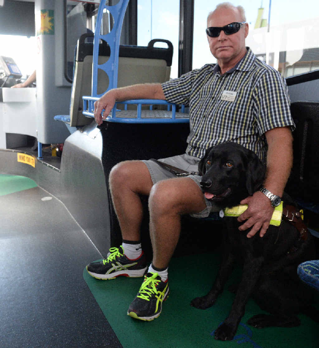 OUT AND ABOUT: Graeme Raines and his guide dog Levi on a Duffy’s City Bus. OUT AND ABOUT: Graeme Raines and his guide dog Levi on a Duffy’s City Bus.