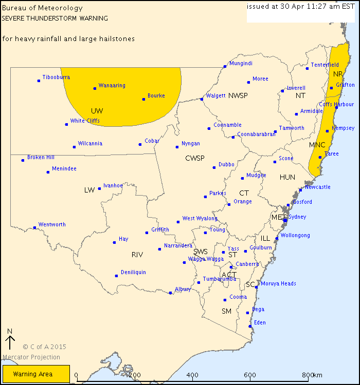 A Bureau of Meteorology map showing areas of NSW affected by extreme weather. A Bureau of Meteorology map showing areas of NSW affected by extreme weather.