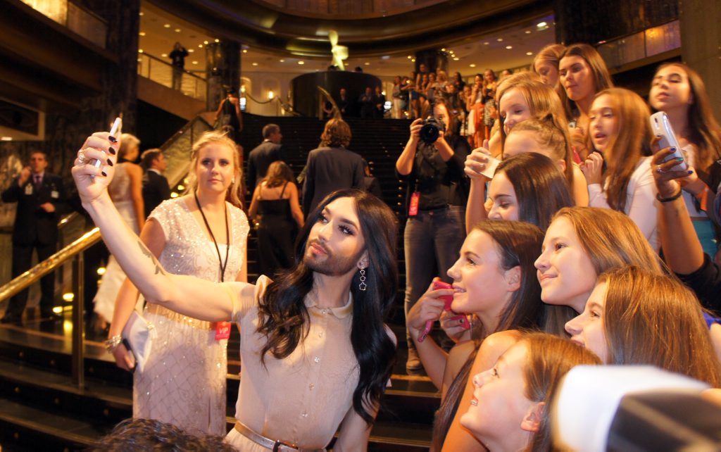 Eurovision winner Conchita Wurst poses with fans at the 2015 Logie Awards red carpet. Eurovision winner Conchita Wurst poses with fans at the 2015 Logie Awards red carpet.