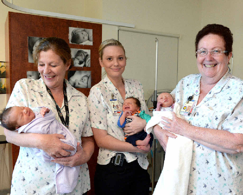 Marion Nelis with Owen Betteridge, Alana Rimmington with Maxton Sherwood and Chris Sinclair with Halley Molloy, celebrate International Midwives Day with some of the most recent babies to be born at the hospital. Marion Nelis with Owen Betteridge, Alana Rimmington with Maxton Sherwood and Chris Sinclair with Halley Molloy, celebrate International Midwives Day with some of the most recent babies to be born at the hospital.