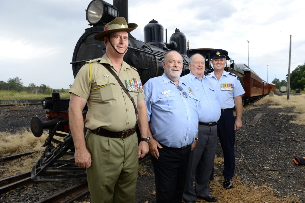 ALL ABOARD: David Fagan, Rob Wadley, Geof Kleinig and Steven Voll dress their best for the Anzac Troop Train on Sunday. ALL ABOARD: David Fagan, Rob Wadley, Geof Kleinig and Steven Voll dress their best for the Anzac Troop Train on Sunday.