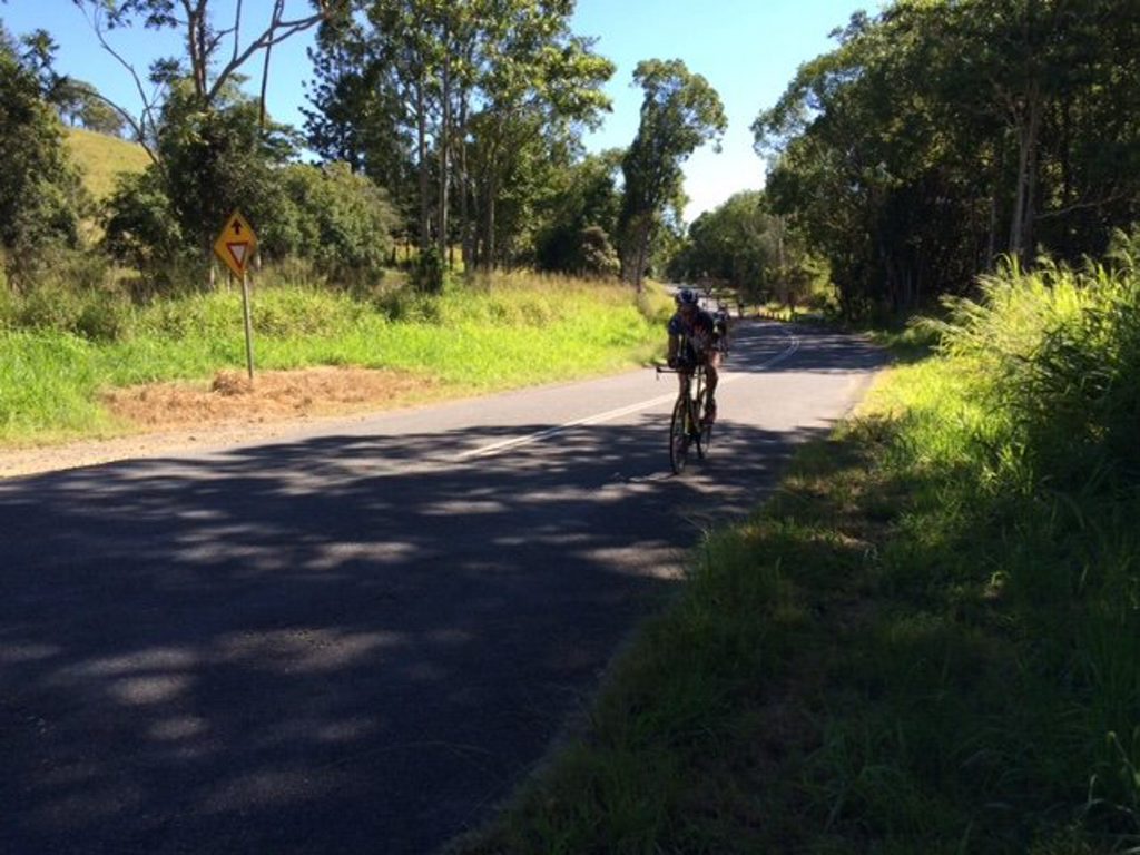 Robbie Andrews on the bike on the return journey to Noosa. Robbie Andrews on the bike on the return journey to Noosa.