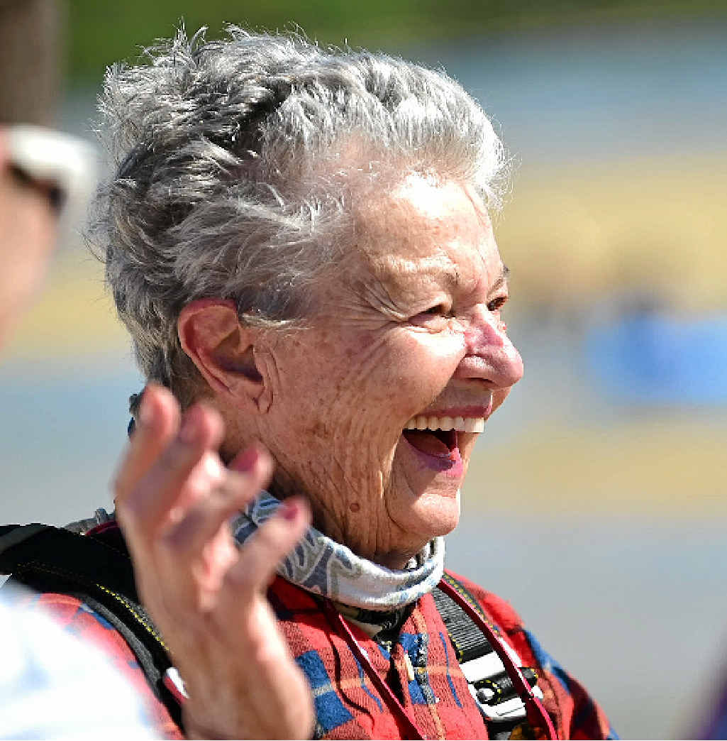 LET’S GO AGAIN: Shirley Rees, 80, is on a high after touching down on the Currimundi beach. LET’S GO AGAIN: Shirley Rees, 80, is on a high after touching down on the Currimundi beach.