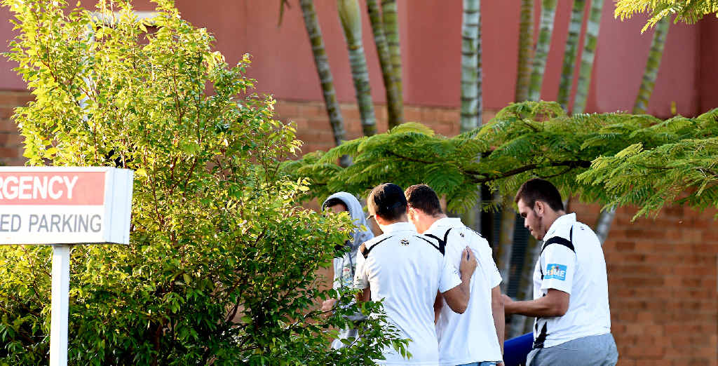 GRIEF HITS: Family, friends and players outside Ballina hospital after Zane Purcell died during the reserve grade rugby league game at Ballina on Sunday. GRIEF HITS: Family, friends and players outside Ballina hospital after Zane Purcell died during the reserve grade rugby league game at Ballina on Sunday.
