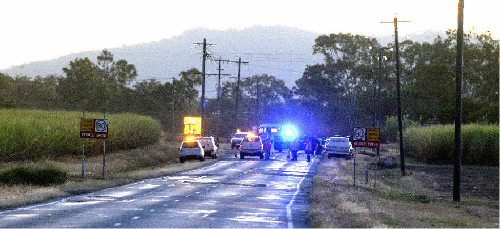 Police at the scene of a fatal crash on Mackay-Eungella Road involving a car and a motorbike. Police at the scene of a fatal crash on Mackay-Eungella Road involving a car and a motorbike.