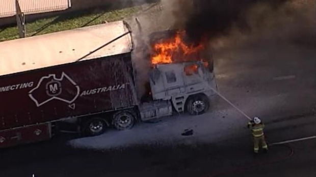A truck on fire on Mount Gravatt-Capalaba Road, Wishart Photo: Nine News Brisbane A truck on fire on Mount Gravatt-Capalaba Road, Wishart Photo: Nine News Brisbane
