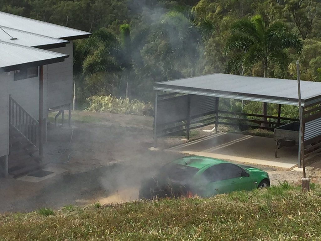 The stolen green car was set a light on Facing Dr off Glenlyon Rd. Photo Campbell Gellie / The Observer The stolen green car was set a light on Facing Dr off Glenlyon Rd. Photo Campbell Gellie / The Observer