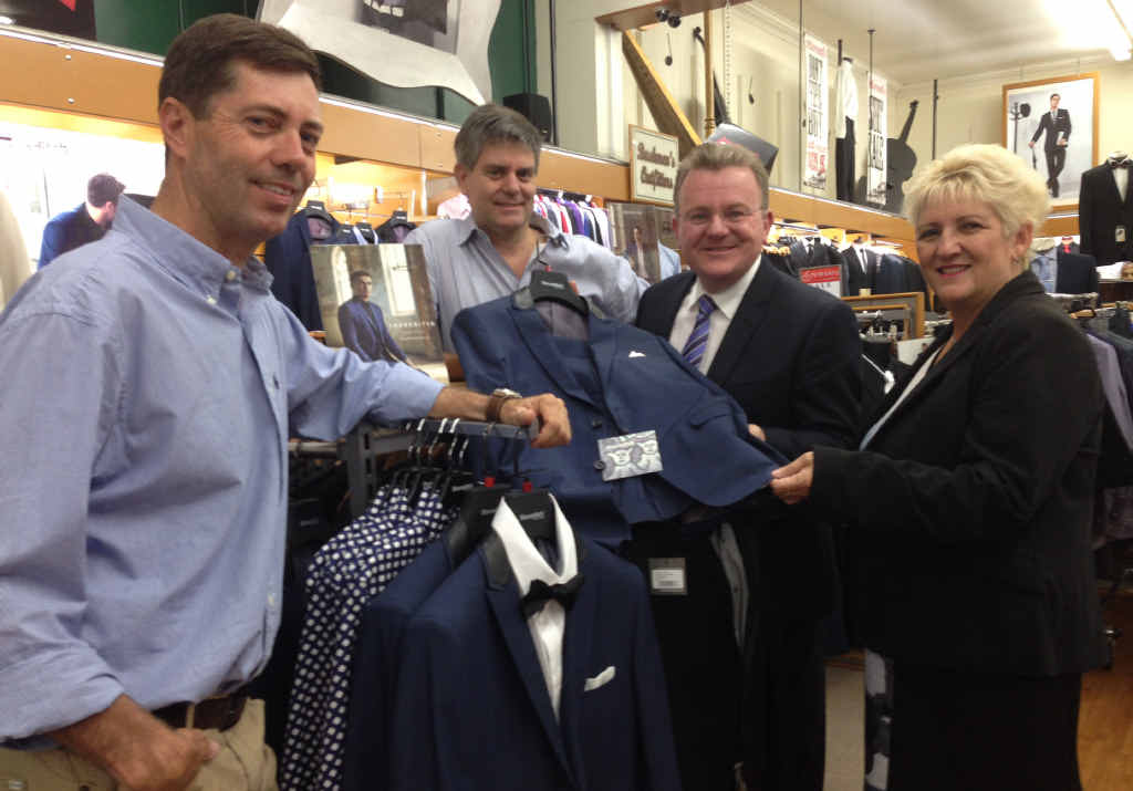 LOOKING GOOD: Mark and Bruce Woods from Stewarts Department Store with Small Business Minister Bruce Billson and Capricornia MP Michelle Landry during yesterday’s tour of East St businesses. LOOKING GOOD: Mark and Bruce Woods from Stewarts Department Store with Small Business Minister Bruce Billson and Capricornia MP Michelle Landry during yesterday’s tour of East St businesses.