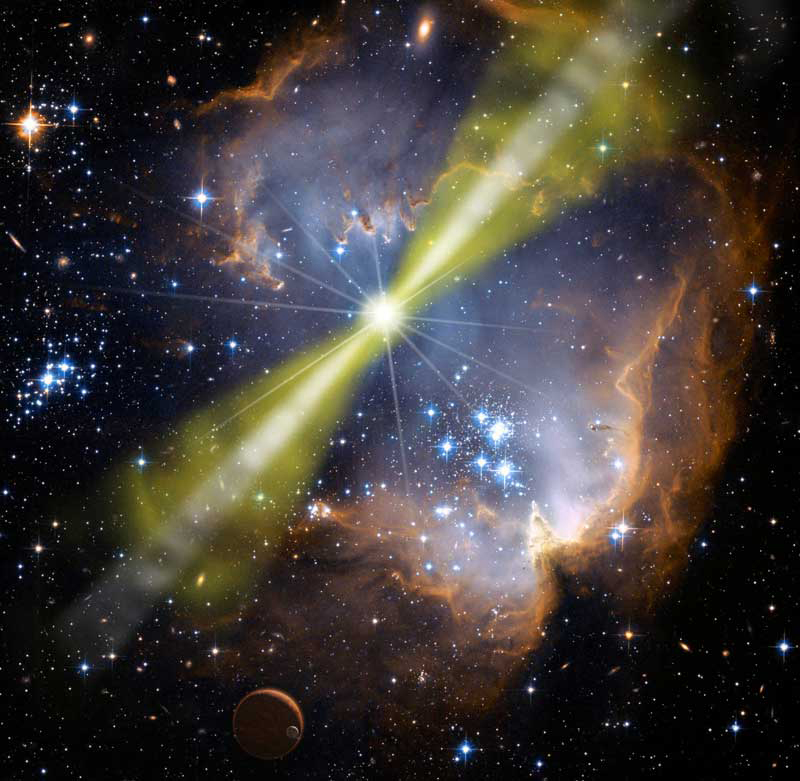 Artist's illustration of one model of the bright gamma-ray burst GRB 080319B. The explosion is highly beamed into two bipolar jets, with a narrow inner jet surrounded by a wider outer jet. Artist's illustration of one model of the bright gamma-ray burst GRB 080319B. The explosion is highly beamed into two bipolar jets, with a narrow inner jet surrounded by a wider outer jet.