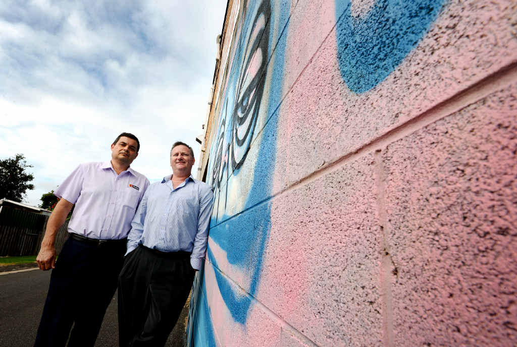 TACKLING GRAFFITI: Alstonville Wollongbar Chamber of Commerce President Richard Lutze, left, and Richard Campbell from LJ Hooker, representing property owners, are taking a tough stand on vandalism in Alstonville. TACKLING GRAFFITI: Alstonville Wollongbar Chamber of Commerce President Richard Lutze, left, and Richard Campbell from LJ Hooker, representing property owners, are taking a tough stand on vandalism in Alstonville.