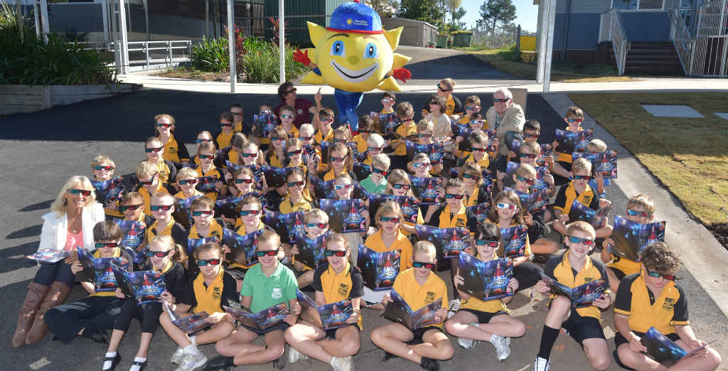 WATCH THIS SPACE: Woombye State School Year 3 students, pictured with Sunny the Sunshine Coast Daily mascot, are studying space this year and are very excited about the Daily’s Amazing Space promotion.