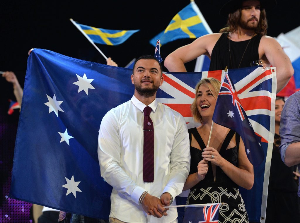 Guy Sebastian, centre, representing Australia waits for the voting to start with his wife Jules during the final of the Eurovision Song Contest in Austria's capital Vienna. Guy Sebastian, centre, representing Australia waits for the voting to start with his wife Jules during the final of the Eurovision Song Contest in Austria's capital Vienna.