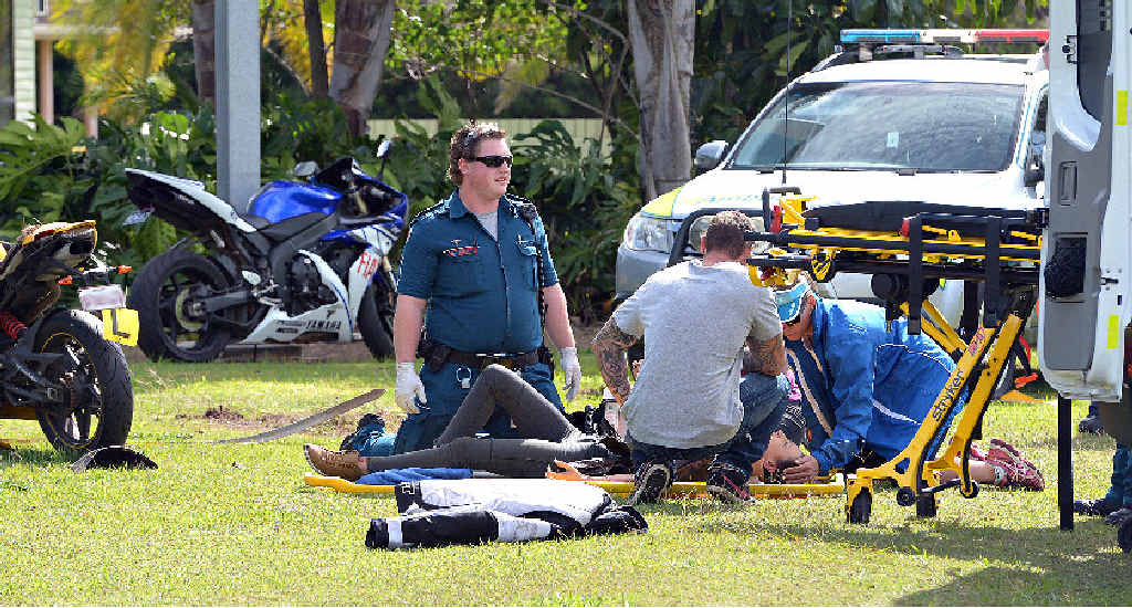 IN HOSPITAL: A female motorcyclist was forced off Goodwood Rd by an oncoming car at Alloway yesterday. IN HOSPITAL: A female motorcyclist was forced off Goodwood Rd by an oncoming car at Alloway yesterday.