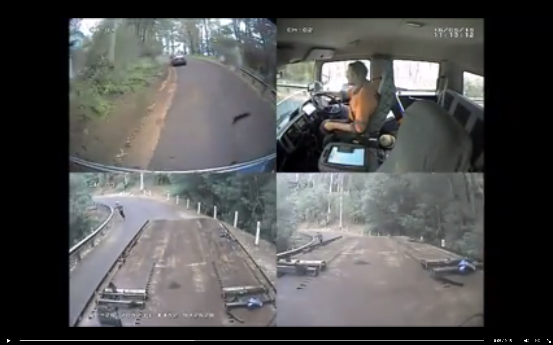 A screenshot of Clayton's Towing dashcam footage of a skateboarder travelling down the range. A screenshot of Clayton's Towing dashcam footage of a skateboarder travelling down the range.