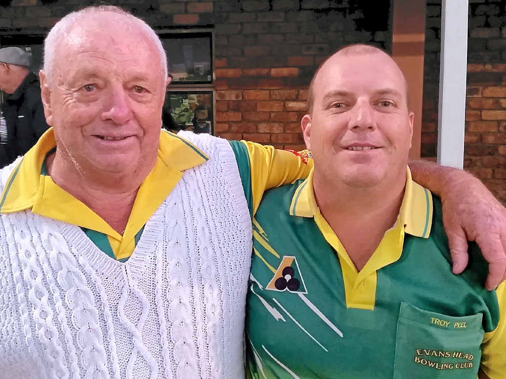 WHAT A TEAM: Father-son duo Col Peel and Troy Peel won the men’s pairs competition together at the Evans Head Bowling Club. WHAT A TEAM: Father-son duo Col Peel and Troy Peel won the men’s pairs competition together at the Evans Head Bowling Club.