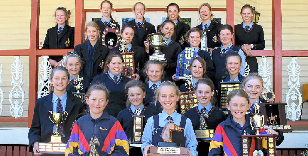TOP PERFORMANCE: Celebrating their wins are Glennie students (back, from left) Aimee Sullivan, Emily Lawrence, Monica Huddleston, Maggie Gall, Hollie Slater, Brittany Rodda (fourth row, from left) Jamie Rodda, Nicole Murphy, Abbey Willmington, (Equestrian Captain) Philippa McKee, Ellie Reedy (third row, from left) Shelby Emmerton, Ashtyn Reedy, Emma Massey, Lee-Tisha Hansen, Eden Willmington (second row, from left) Bridie Emmerton, Kate Bellars, Imogen Taylor, Sarah Coggan (front, from left) Eve Muirhead, Holly Willmington and Grace Muirhead. Absent: Emily Coggan, Holly Wilkie and Rebecca Roellgen.