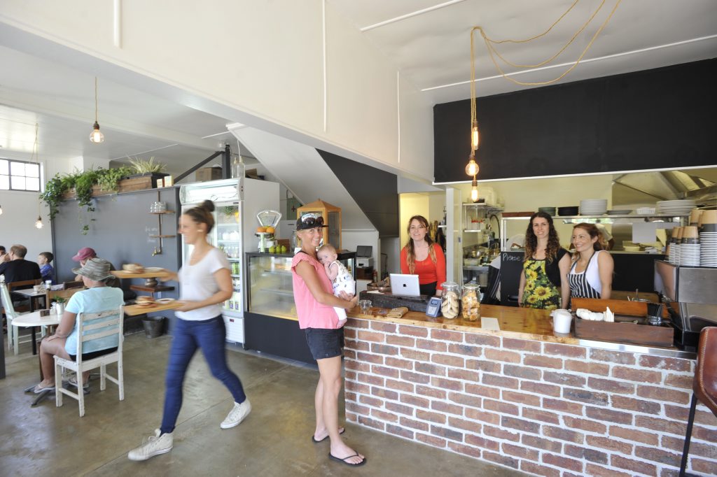 Jacqui McCoach (serving food ), customer Ciel Jukes and baby Kai, Amelia McCoach, Sarah Baldwin and Kayla Plummer on the opening day of The Belle General at Shelley Beach in November 2013. Jacqui McCoach (serving food ), customer Ciel Jukes and baby Kai, Amelia McCoach, Sarah Baldwin and Kayla Plummer on the opening day of The Belle General at Shelley Beach in November 2013.